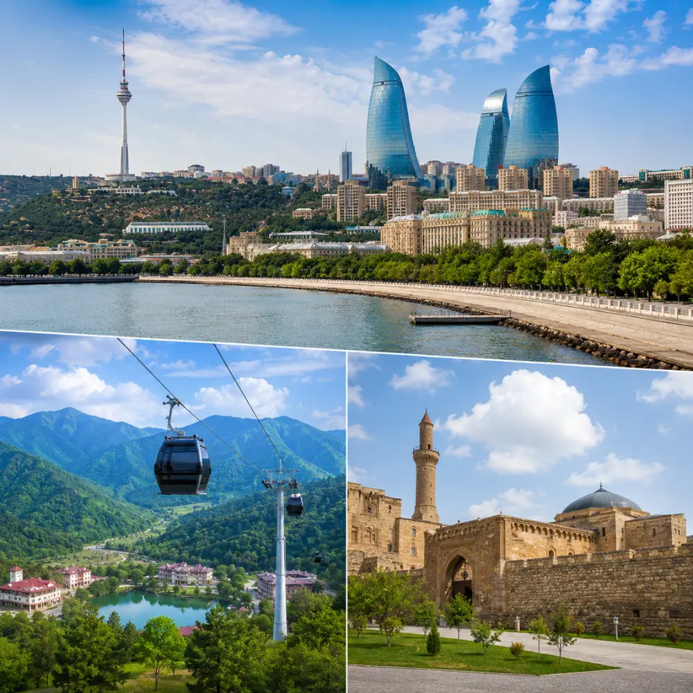 Baku Gabala and Shamakhi tour scene with Flame Towers, Caucasus mountains, historic mosque, and bright morning views.