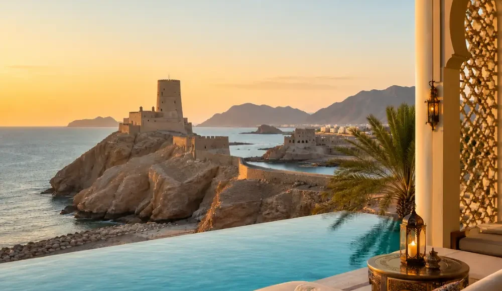 Luxury infinity pool overlooking Al Jalali Fort and the Arabian Sea in Muscat, Oman at sunset