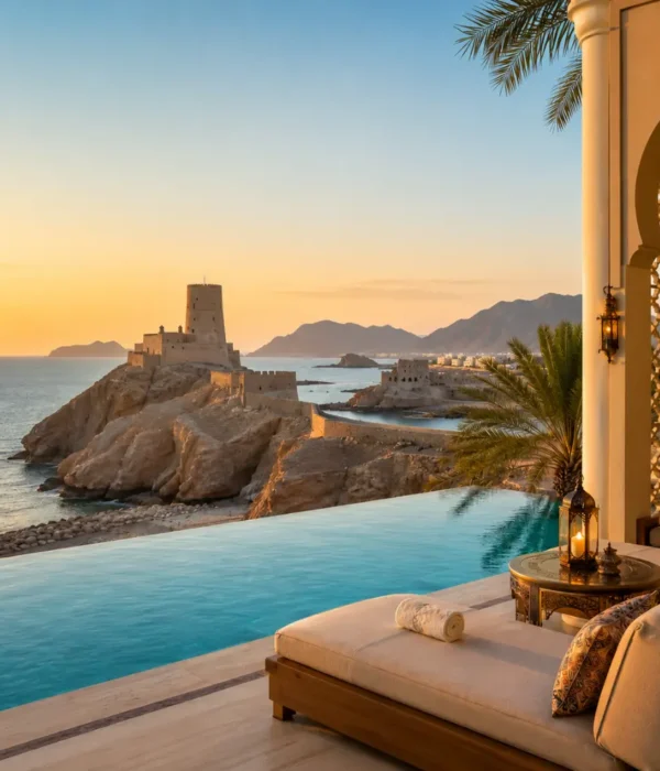 Luxury infinity pool overlooking Al Jalali Fort and the Arabian Sea in Muscat, Oman at sunset
