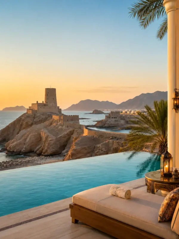 Luxury infinity pool overlooking Al Jalali Fort and the Arabian Sea in Muscat, Oman at sunset
