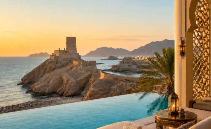 Luxury infinity pool overlooking Al Jalali Fort and the Arabian Sea in Muscat, Oman at sunset