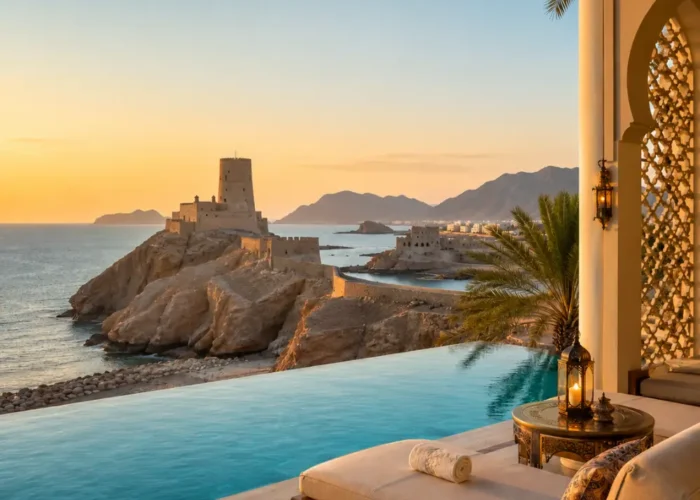 Luxury infinity pool overlooking Al Jalali Fort and the Arabian Sea in Muscat, Oman at sunset