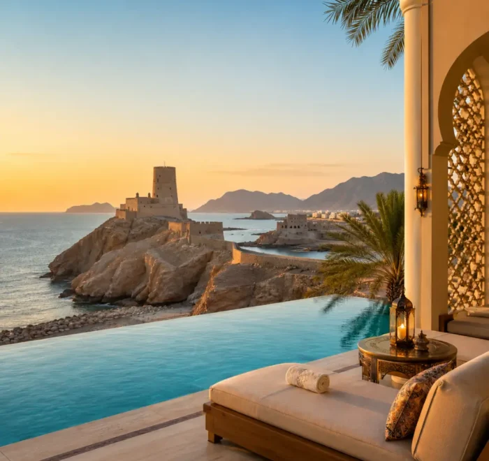 Luxury infinity pool overlooking Al Jalali Fort and the Arabian Sea in Muscat, Oman at sunset