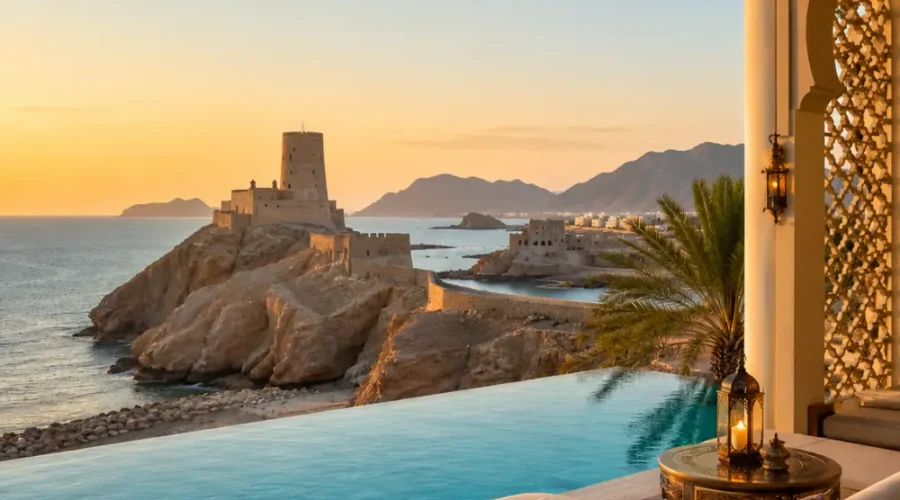 Luxury infinity pool overlooking Al Jalali Fort and the Arabian Sea in Muscat, Oman at sunset