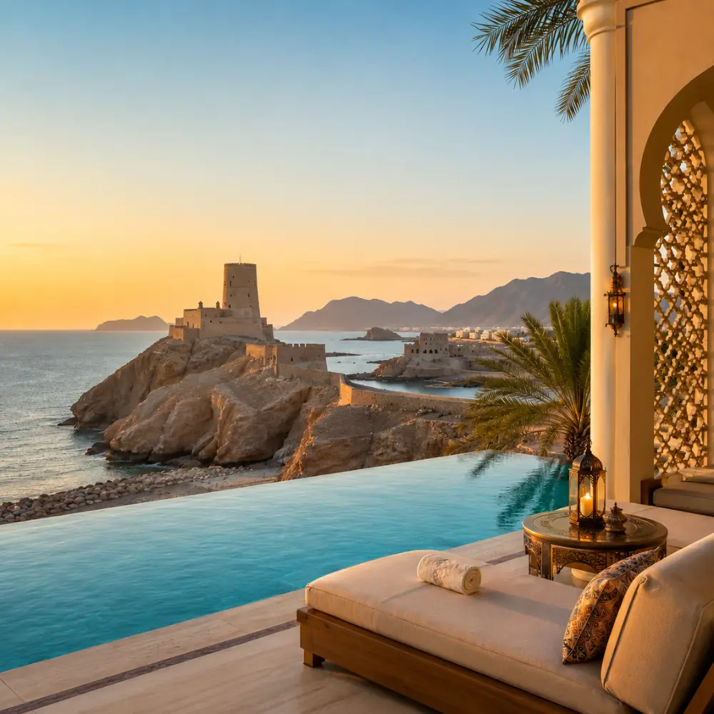 Luxury infinity pool overlooking Al Jalali Fort and the Arabian Sea in Muscat, Oman at sunset