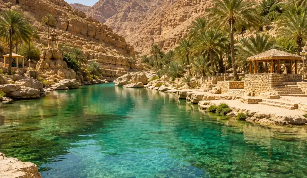 Crystal-clear oasis surrounded by palm trees and rocky mountains at Wadi Bani Khalid, Oman