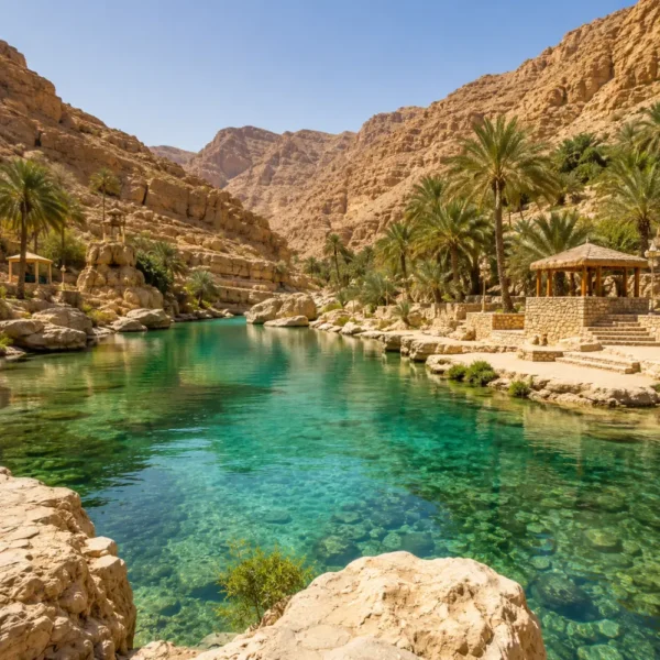 Crystal-clear oasis surrounded by palm trees and rocky mountains at Wadi Bani Khalid, Oman