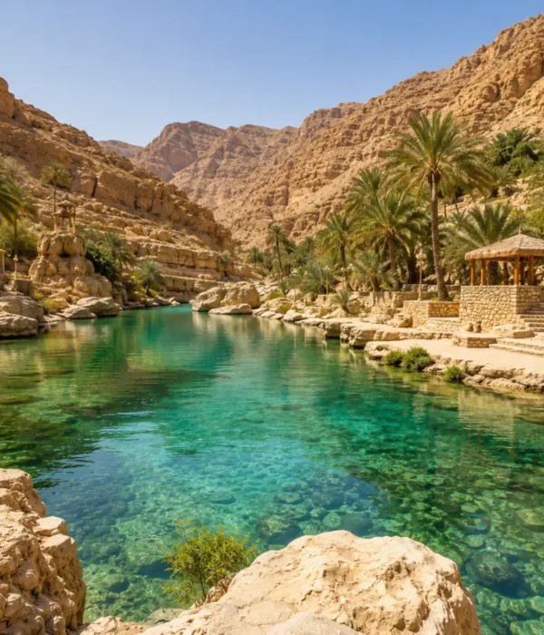 Crystal-clear oasis surrounded by palm trees and rocky mountains at Wadi Bani Khalid, Oman