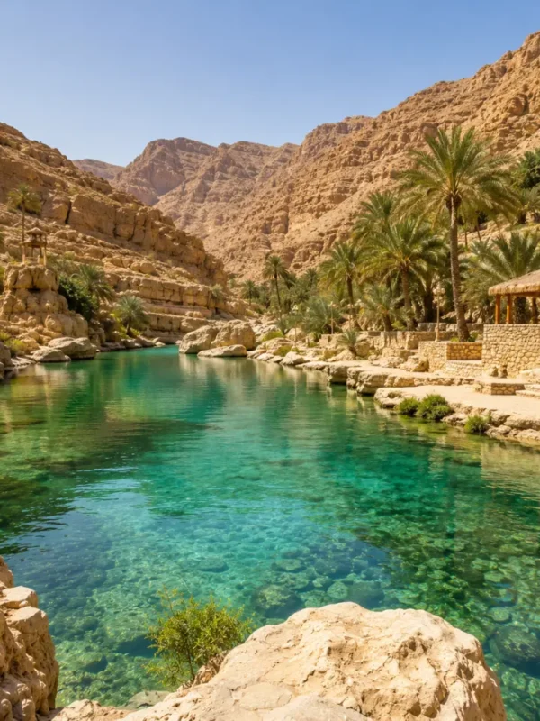Crystal-clear oasis surrounded by palm trees and rocky mountains at Wadi Bani Khalid, Oman