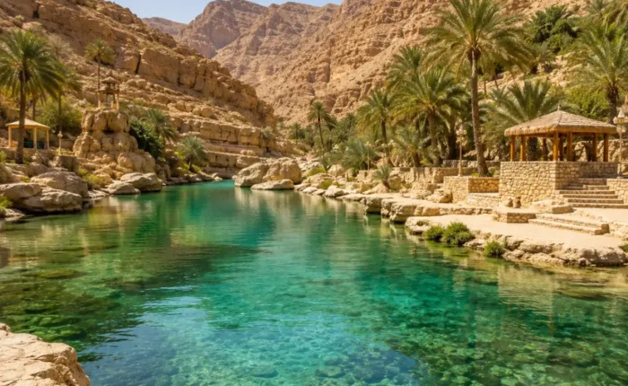 Crystal-clear oasis surrounded by palm trees and rocky mountains at Wadi Bani Khalid, Oman