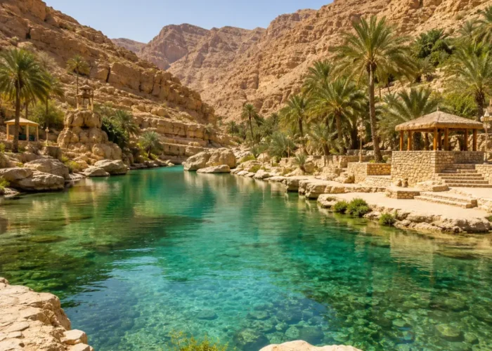Crystal-clear oasis surrounded by palm trees and rocky mountains at Wadi Bani Khalid, Oman