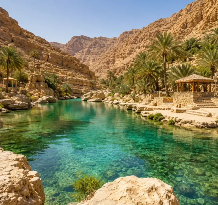 Crystal-clear oasis surrounded by palm trees and rocky mountains at Wadi Bani Khalid, Oman