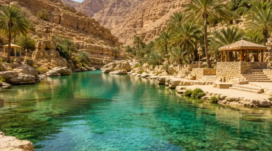 Crystal-clear oasis surrounded by palm trees and rocky mountains at Wadi Bani Khalid, Oman