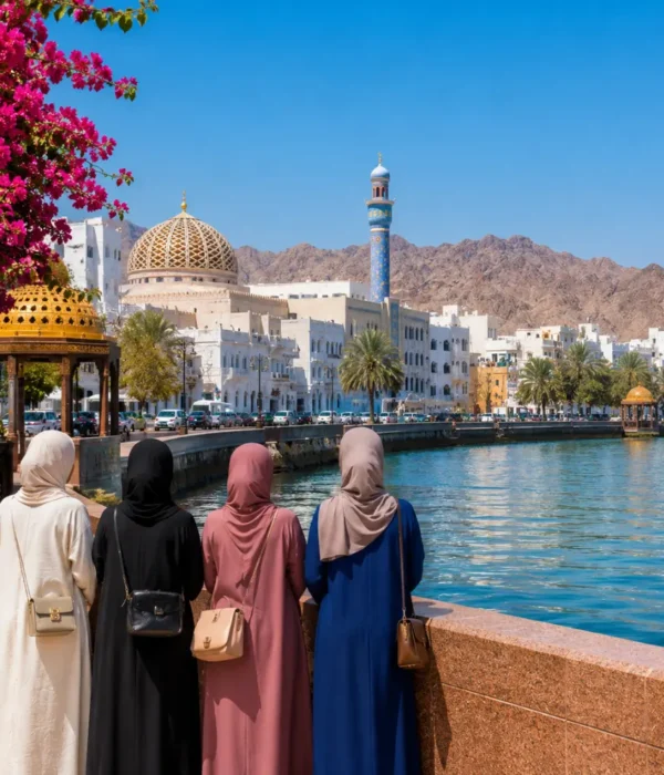 Women-only group enjoying the scenic Muscat Corniche with Sultan Qaboos Mosque and mountains in Oman