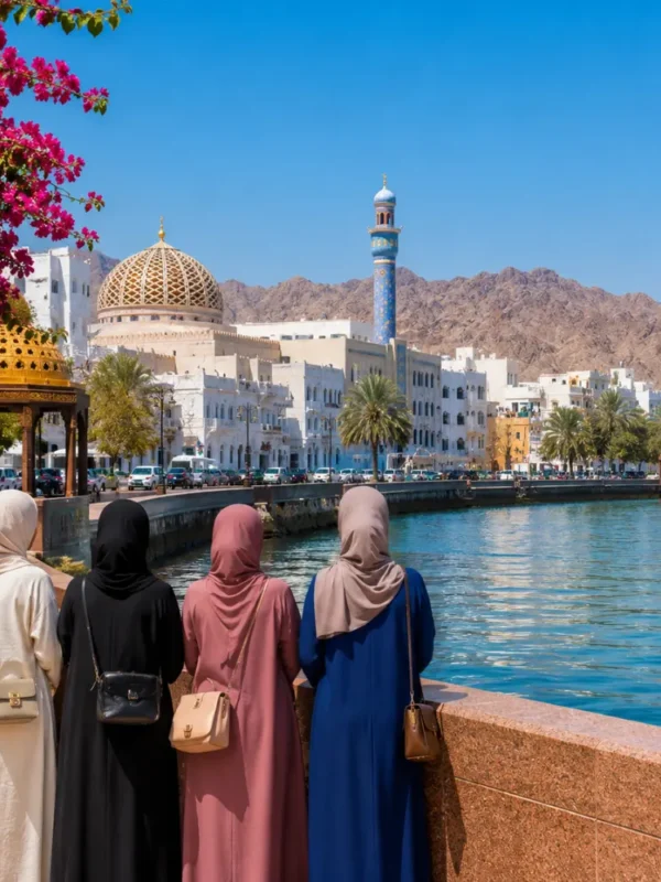 Women-only group enjoying the scenic Muscat Corniche with Sultan Qaboos Mosque and mountains in Oman