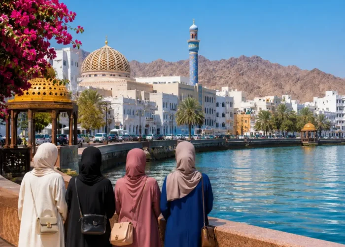 Women-only group enjoying the scenic Muscat Corniche with Sultan Qaboos Mosque and mountains in Oman