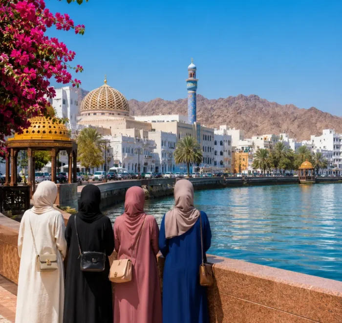Women-only group enjoying the scenic Muscat Corniche with Sultan Qaboos Mosque and mountains in Oman