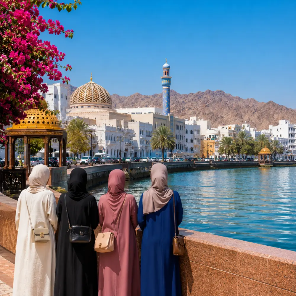Women-only group enjoying the scenic Muscat Corniche with Sultan Qaboos Mosque and mountains in Oman