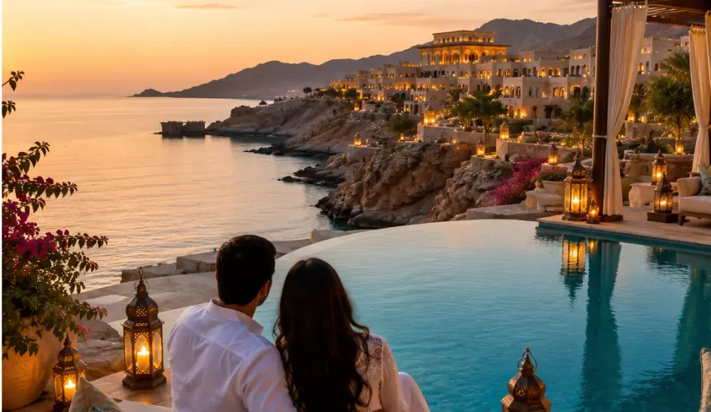 Couple enjoying a luxury sunset honeymoon at a beachfront infinity pool resort in Muscat, Oman
