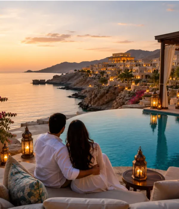 Couple enjoying a luxury sunset honeymoon at a beachfront infinity pool resort in Muscat, Oman