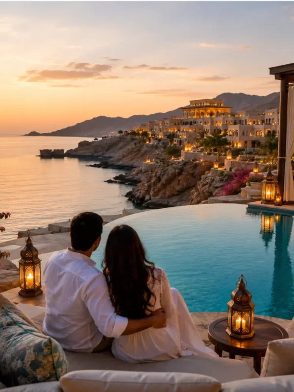 Couple enjoying a luxury sunset honeymoon at a beachfront infinity pool resort in Muscat, Oman
