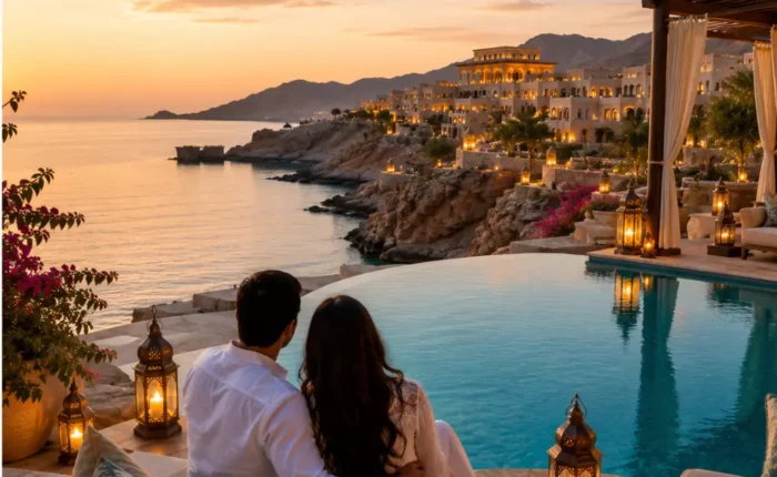 Couple enjoying a luxury sunset honeymoon at a beachfront infinity pool resort in Muscat, Oman