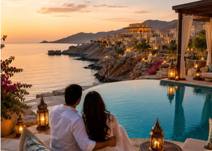 Couple enjoying a luxury sunset honeymoon at a beachfront infinity pool resort in Muscat, Oman