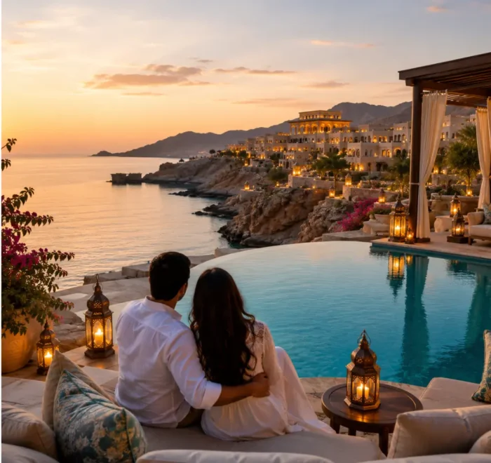 Couple enjoying a luxury sunset honeymoon at a beachfront infinity pool resort in Muscat, Oman