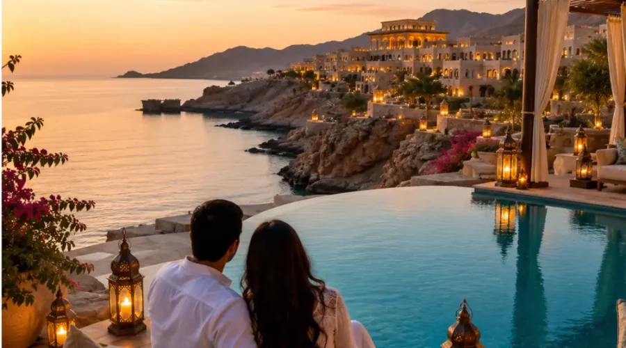 Couple enjoying a luxury sunset honeymoon at a beachfront infinity pool resort in Muscat, Oman