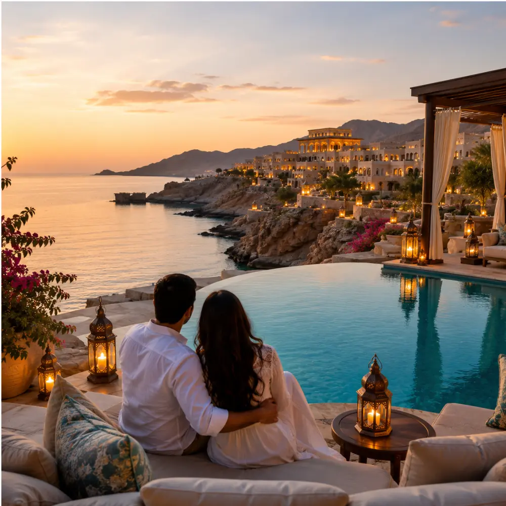 Couple enjoying a luxury sunset honeymoon at a beachfront infinity pool resort in Muscat, Oman