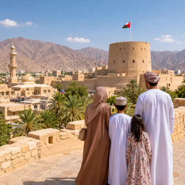 Family exploring Nizwa Fort with the Omani flag and Hajar Mountains in Oman