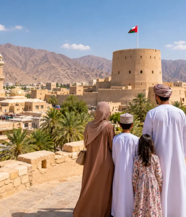Family exploring Nizwa Fort with the Omani flag and Hajar Mountains in Oman