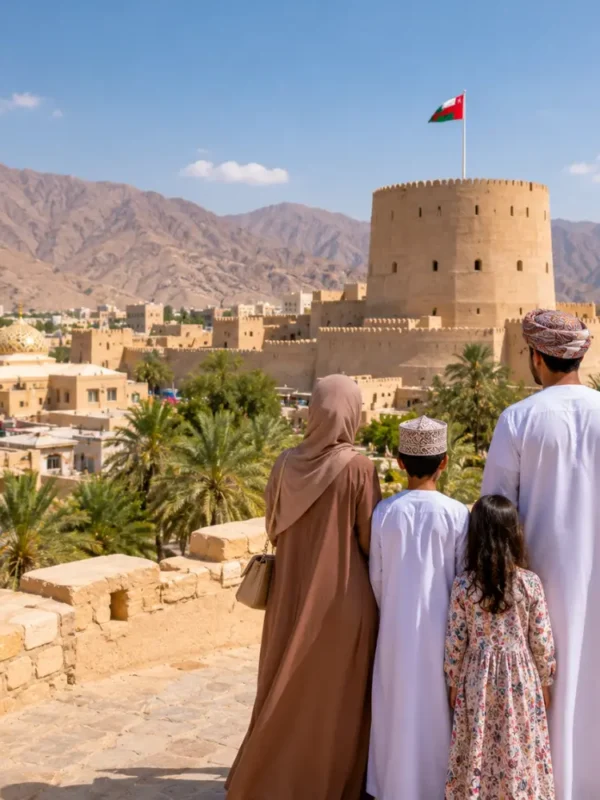 Family exploring Nizwa Fort with the Omani flag and Hajar Mountains in Oman