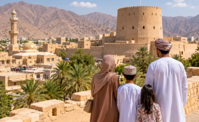 Family exploring Nizwa Fort with the Omani flag and Hajar Mountains in Oman