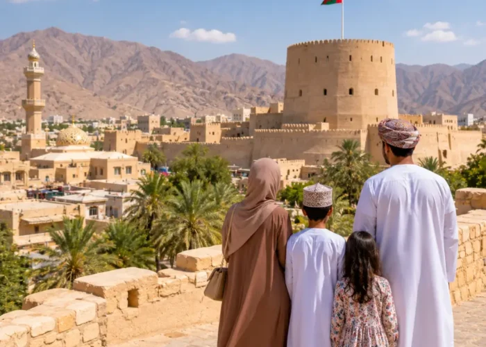 Family exploring Nizwa Fort with the Omani flag and Hajar Mountains in Oman