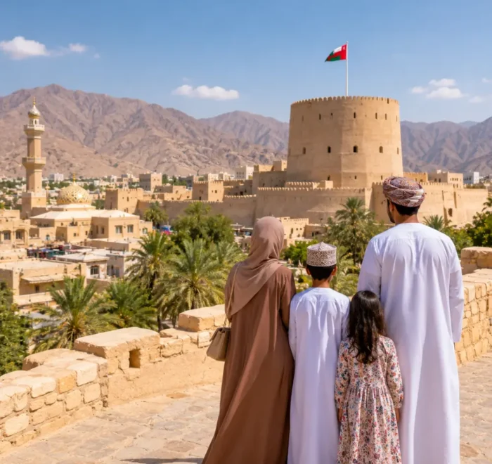 Family exploring Nizwa Fort with the Omani flag and Hajar Mountains in Oman