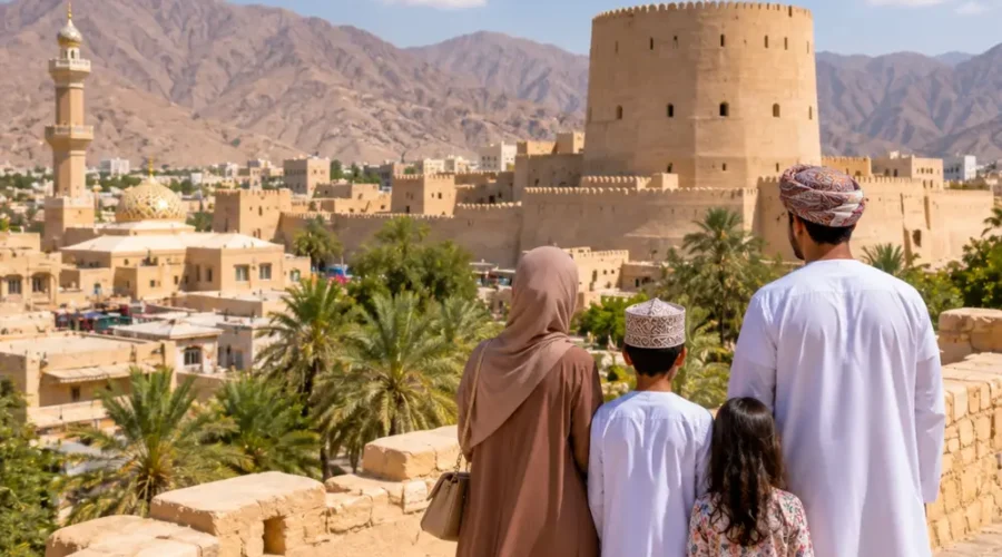 Family exploring Nizwa Fort with the Omani flag and Hajar Mountains in Oman