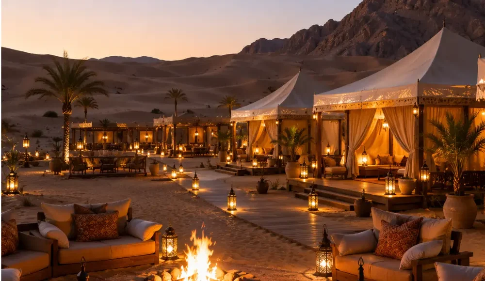 Luxury desert camp with elegant tents, campfire, and lanterns in the Wahiba Sands, Oman