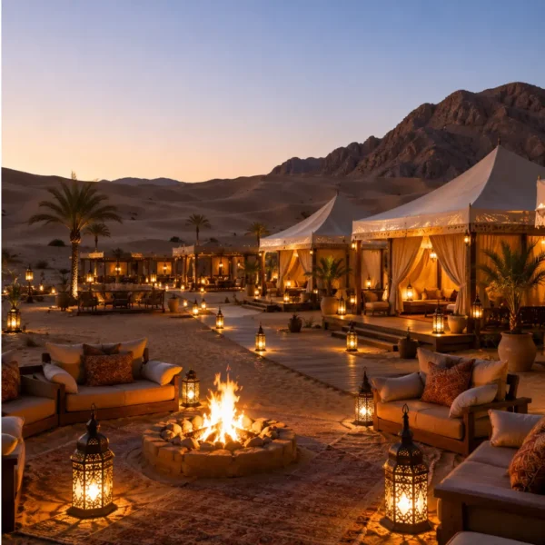 Luxury desert camp with elegant tents, campfire, and lanterns in the Wahiba Sands, Oman
