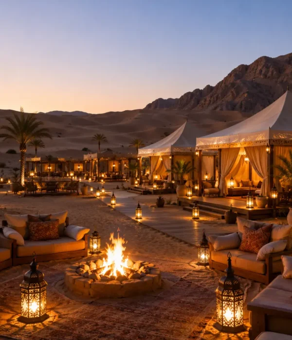 Luxury desert camp with elegant tents, campfire, and lanterns in the Wahiba Sands, Oman