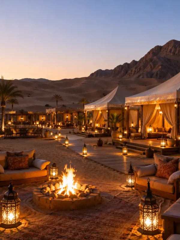Luxury desert camp with elegant tents, campfire, and lanterns in the Wahiba Sands, Oman