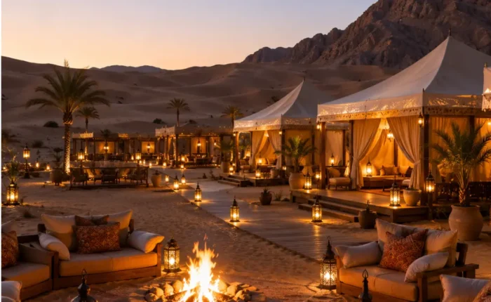 Luxury desert camp with elegant tents, campfire, and lanterns in the Wahiba Sands, Oman