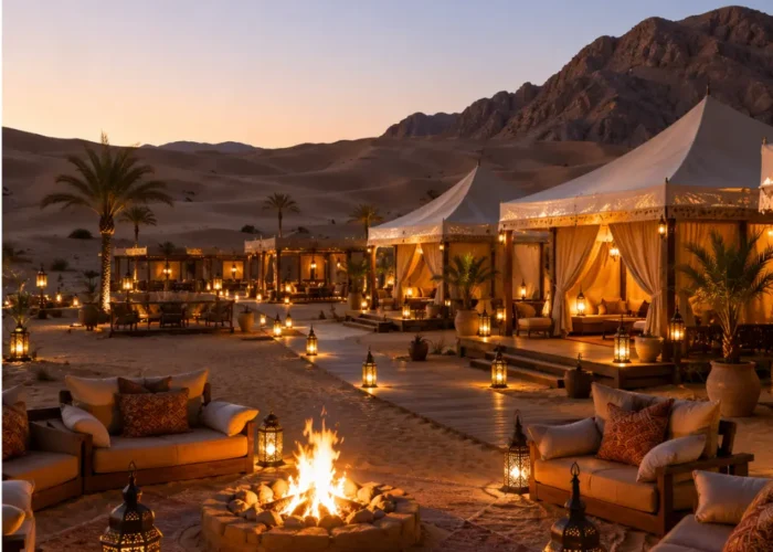 Luxury desert camp with elegant tents, campfire, and lanterns in the Wahiba Sands, Oman