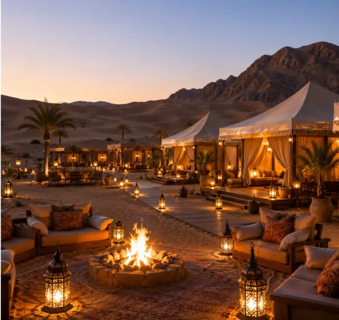 Luxury desert camp with elegant tents, campfire, and lanterns in the Wahiba Sands, Oman