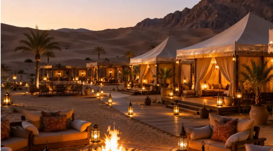 Luxury desert camp with elegant tents, campfire, and lanterns in the Wahiba Sands, Oman