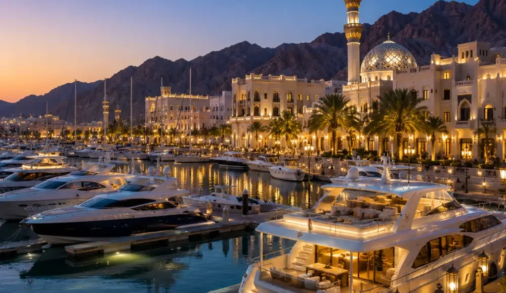 Luxury yachts docked at Al Mouj Marina in Muscat, Oman during a stunning sunset