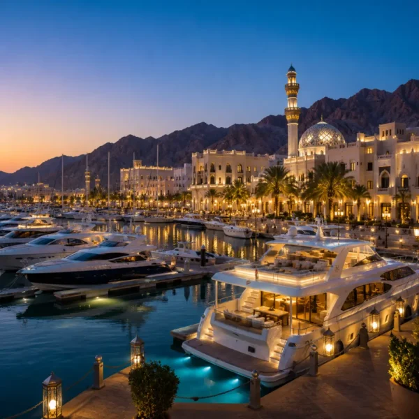 Luxury yachts docked at Al Mouj Marina in Muscat, Oman during a stunning sunset