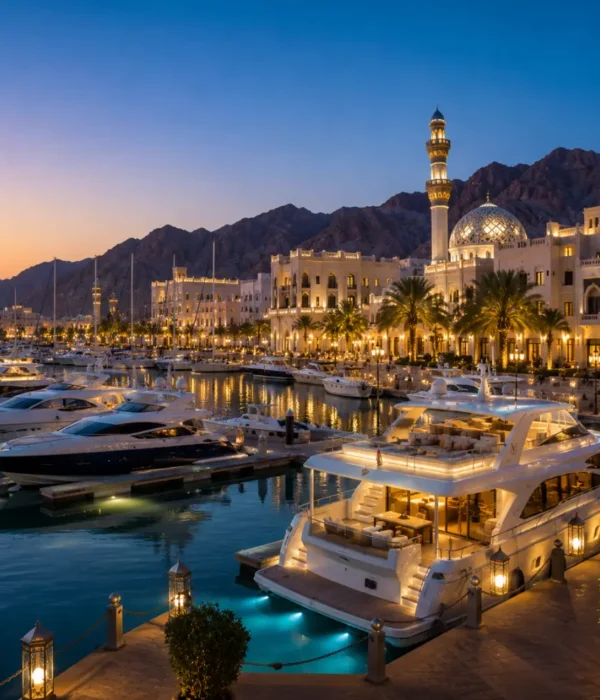 Luxury yachts docked at Al Mouj Marina in Muscat, Oman during a stunning sunset