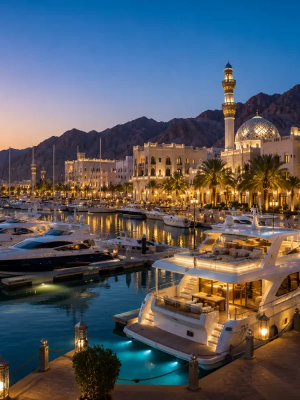 Luxury yachts docked at Al Mouj Marina in Muscat, Oman during a stunning sunset