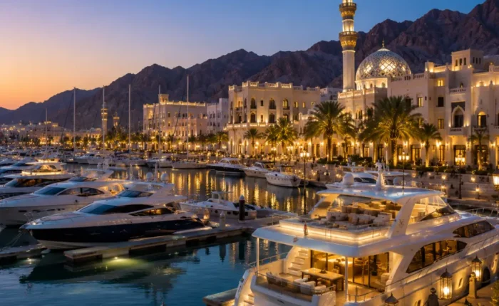 Luxury yachts docked at Al Mouj Marina in Muscat, Oman during a stunning sunset